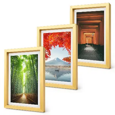 Conjunto de molduras com imagens floresta de bambu e trilha torii do Monte Fuji no Japão