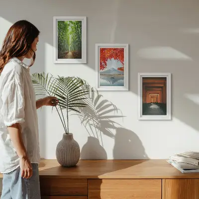 Conjunto de molduras com imagens floresta de bambu e trilha torii do Monte Fuji no Japão