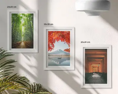 Conjunto de molduras com imagens floresta de bambu e trilha torii do Monte Fuji no Japão
