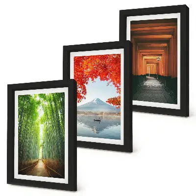 Conjunto de molduras com imagens floresta de bambu e trilha torii do Monte Fuji no Japão