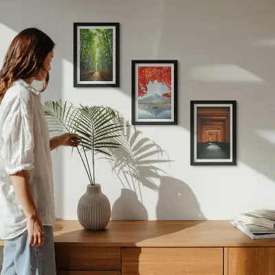 Conjunto de molduras com imagens floresta de bambu e trilha torii do Monte Fuji no Japão