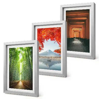 Conjunto de molduras com imagens floresta de bambu e trilha torii do Monte Fuji no Japão