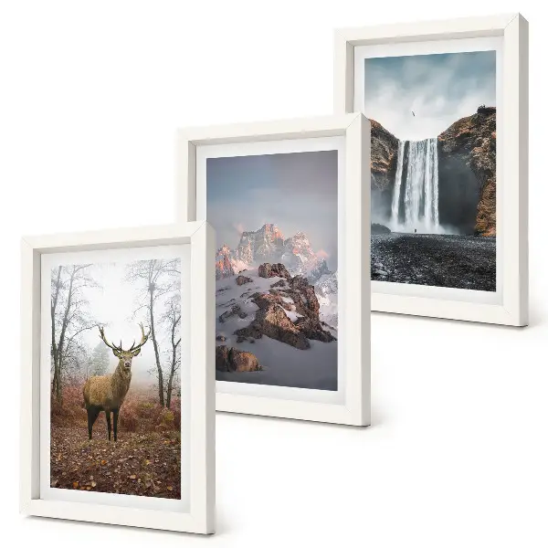 Conjunto de 3 quadros decorativos com paisagens naturais selvagens de montanhas, veados e cachoeiras