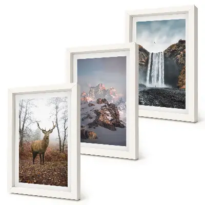 Conjunto de 3 quadros decorativos com paisagens naturais selvagens de montanhas, veados e cachoeiras