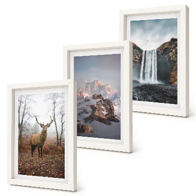 Conjunto de 3 quadros decorativos Paisagens naturais selvagens, montanhas, veados e cachoeiras.