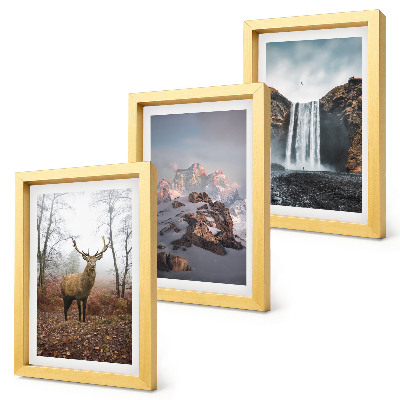 Conjunto de 3 quadros decorativos Paisagens naturais selvagens, montanhas, veados e cachoeiras.