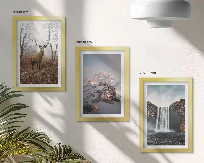 Conjunto de 3 quadros decorativos com paisagens naturais selvagens de montanhas, veados e cachoeiras