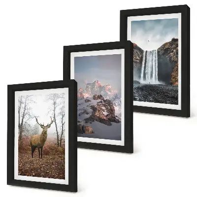 Conjunto de 3 quadros decorativos com paisagens naturais selvagens de montanhas, veados e cachoeiras