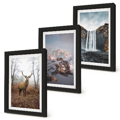 Conjunto de 3 quadros decorativos Paisagens naturais selvagens, montanhas, veados e cachoeiras.