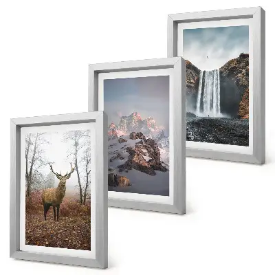 Conjunto de 3 quadros decorativos com paisagens naturais selvagens de montanhas, veados e cachoeiras