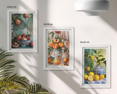 Conjunto de molduras com imagens Romãs, pêssegos e limões em vasos.