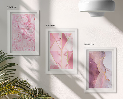 Tríptico com moldura padrões geométricos de peônias rosas