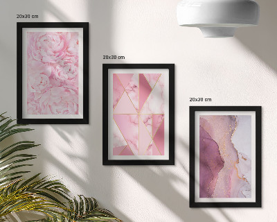 Tríptico com moldura padrões geométricos de peônias rosas