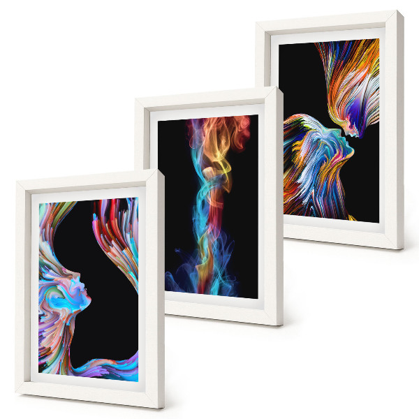 Conjunto de 3 quadros decorativos Abstrações coloridas com rostos e formas dinâmicas.