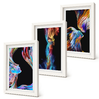 Conjunto de 3 quadros decorativos Abstrações coloridas com rostos e formas dinâmicas.