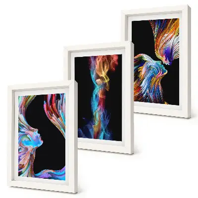 Conjunto de 3 quadros decorativos com abstrações coloridas de rostos e formas dinâmicas