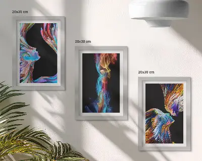 Conjunto de 3 quadros decorativos com abstrações coloridas de rostos e formas dinâmicas