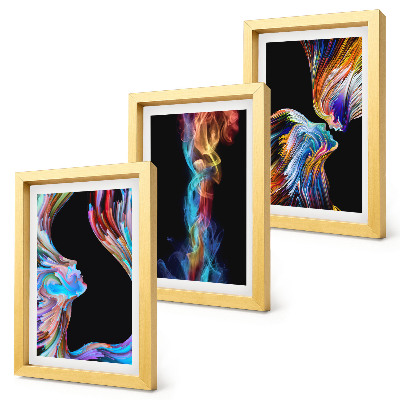 Conjunto de 3 quadros decorativos Abstrações coloridas com rostos e formas dinâmicas.