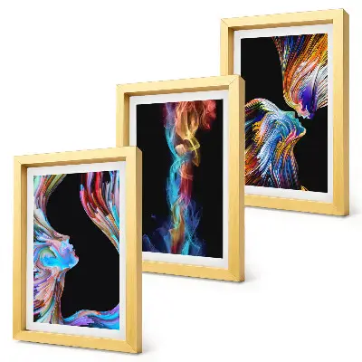Conjunto de 3 quadros decorativos com abstrações coloridas de rostos e formas dinâmicas