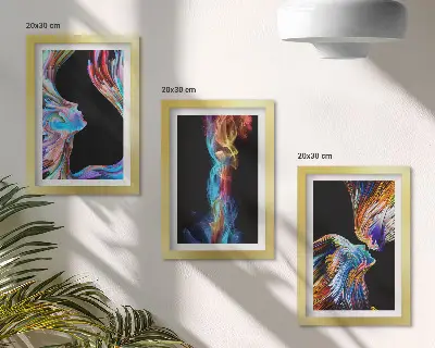 Conjunto de 3 quadros decorativos com abstrações coloridas de rostos e formas dinâmicas