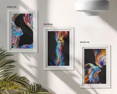 Conjunto de 3 quadros decorativos com abstrações coloridas de rostos e formas dinâmicas