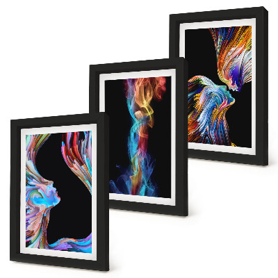 Conjunto de 3 quadros decorativos Abstrações coloridas com rostos e formas dinâmicas.