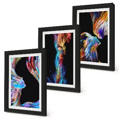 Conjunto de 3 quadros decorativos com abstrações coloridas de rostos e formas dinâmicas