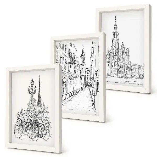 Conjunto de 3 quadros decorativos com desenhos simples de vistas da cidade