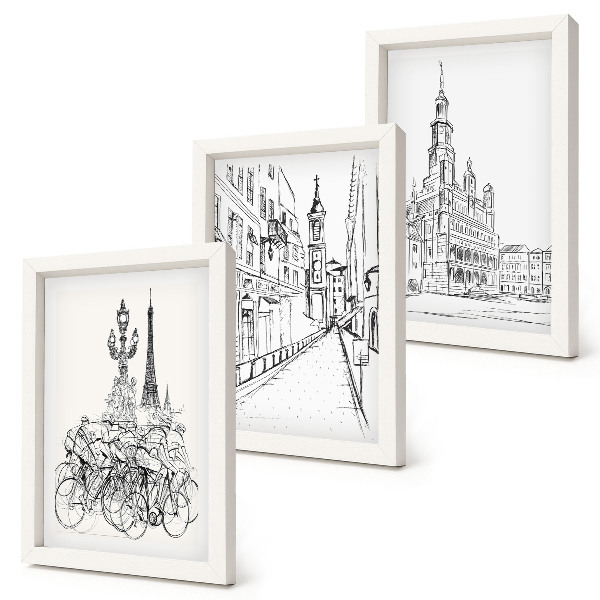 Conjunto de 3 quadros decorativos Desenhos simples de vistas da cidade