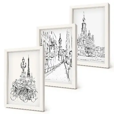 Conjunto de 3 quadros decorativos com desenhos simples de vistas da cidade