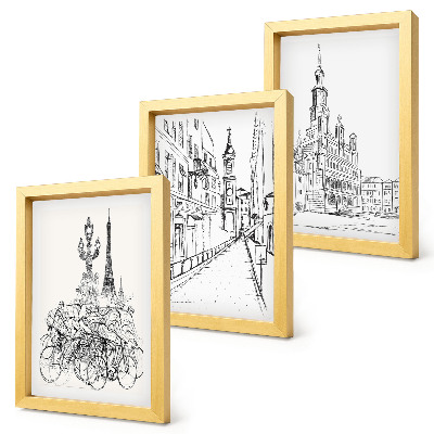 Conjunto de 3 quadros decorativos Desenhos simples de vistas da cidade