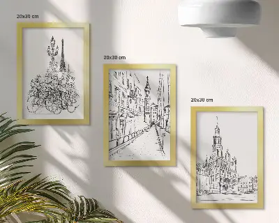 Conjunto de 3 quadros decorativos com desenhos simples de vistas da cidade