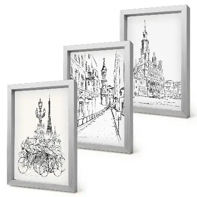 Conjunto de 3 quadros decorativos com desenhos simples de vistas da cidade