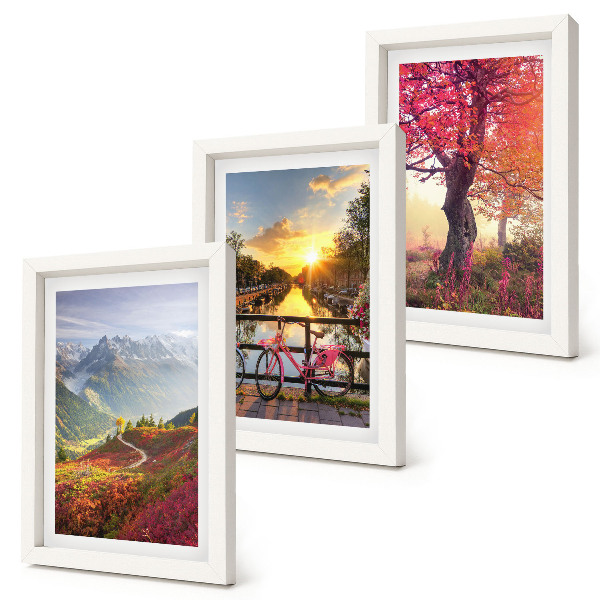 Conjunto de molduras com imagens Paisagens de montanha com uma bicicleta e uma árvore de outono.