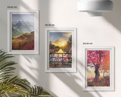 Conjunto de molduras com imagens Paisagens de montanha com uma bicicleta e uma árvore de outono.