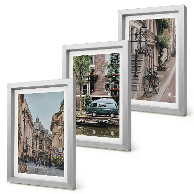 Conjunto de molduras com imagens Vistas tranquilas da cidade com edifícios.