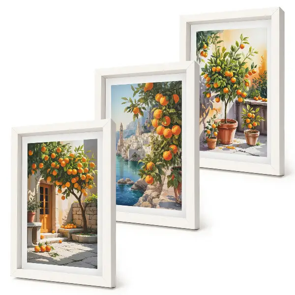 Tríptico com moldura de frutas cítricas pintadas e paisagens litorâneas