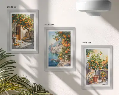 Tríptico com moldura de frutas cítricas pintadas e paisagens litorâneas