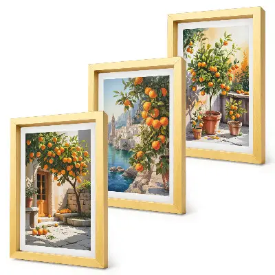 Tríptico com moldura de frutas cítricas pintadas e paisagens litorâneas