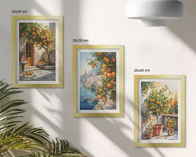 Tríptico com moldura de frutas cítricas pintadas e paisagens litorâneas