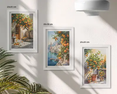 Tríptico com moldura de frutas cítricas pintadas e paisagens litorâneas