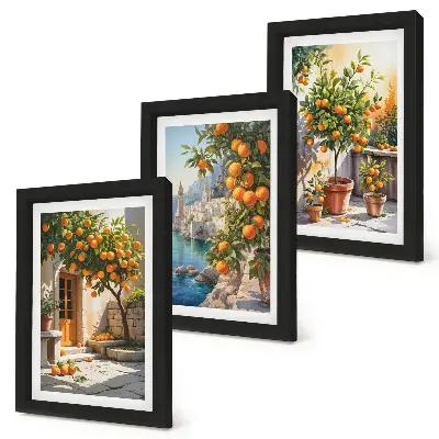 Tríptico com moldura de frutas cítricas pintadas e paisagens litorâneas