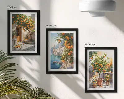 Tríptico com moldura de frutas cítricas pintadas e paisagens litorâneas