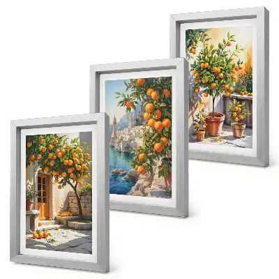Tríptico com moldura de frutas cítricas pintadas e paisagens litorâneas