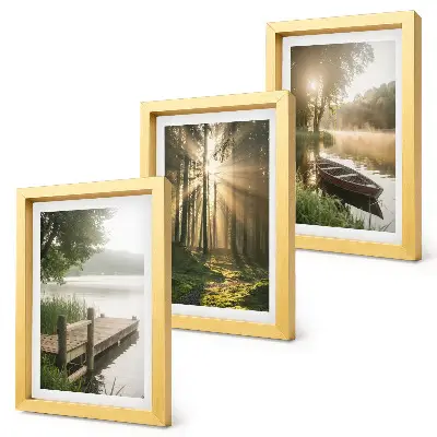 Conjunto de 3 quadros decorativos com a imagem de um lago calmo, uma floresta e um barco na neblina da manhã