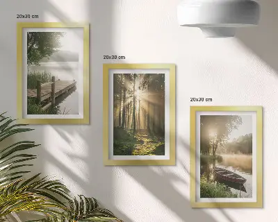 Conjunto de 3 quadros decorativos com a imagem de um lago calmo, uma floresta e um barco na neblina da manhã