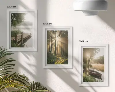Conjunto de 3 quadros decorativos com a imagem de um lago calmo, uma floresta e um barco na neblina da manhã