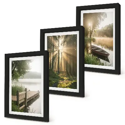 Conjunto de 3 quadros decorativos com a imagem de um lago calmo, uma floresta e um barco na neblina da manhã