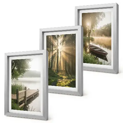 Conjunto de 3 quadros decorativos com a imagem de um lago calmo, uma floresta e um barco na neblina da manhã