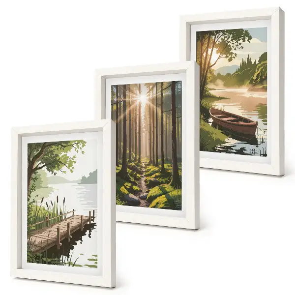Conjunto de quadros com imagens paisagens tranquilas de floresta e lago com passeio de barco
